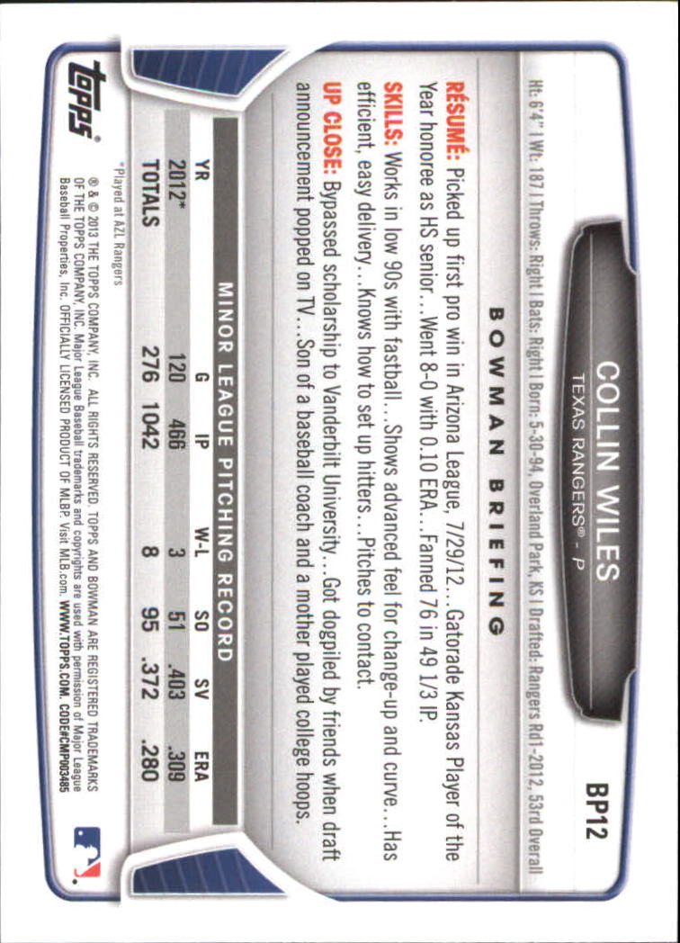 2013 Bowman Prospects Silver Ice #BP12 Collin Wiles back image
