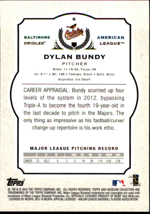 2013 Topps Museum Collection #6 Dylan Bundy RC back image