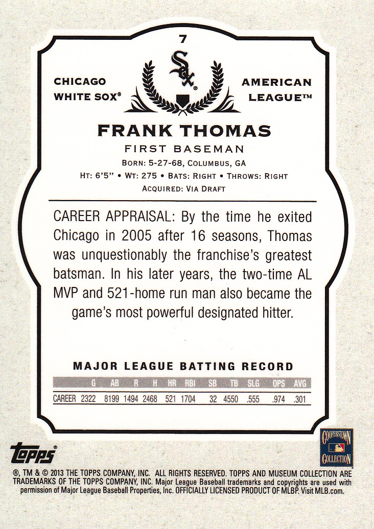 2013 Topps Museum Collection #7 Frank Thomas back image