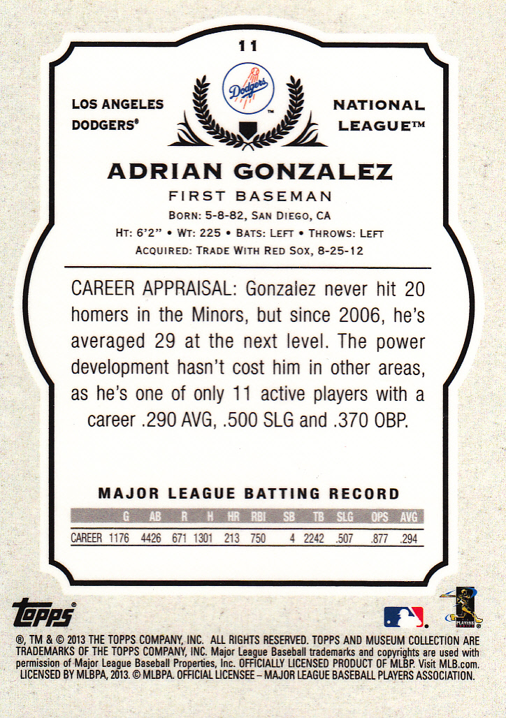 2013 Topps Museum Collection #11 Adrian Gonzalez back image