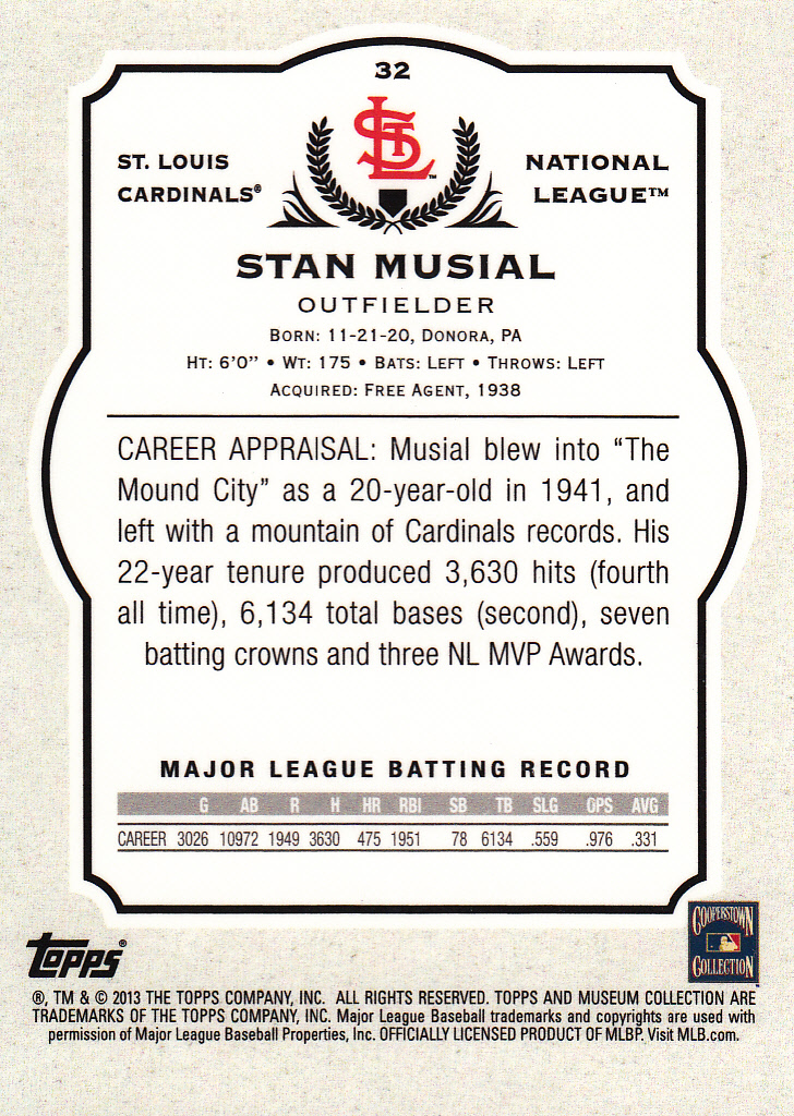 2013 Topps Museum Collection #32 Stan Musial back image
