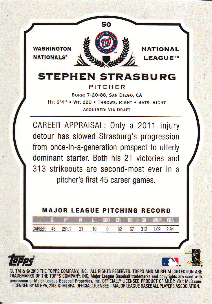 2013 Topps Museum Collection #50 Stephen Strasburg back image