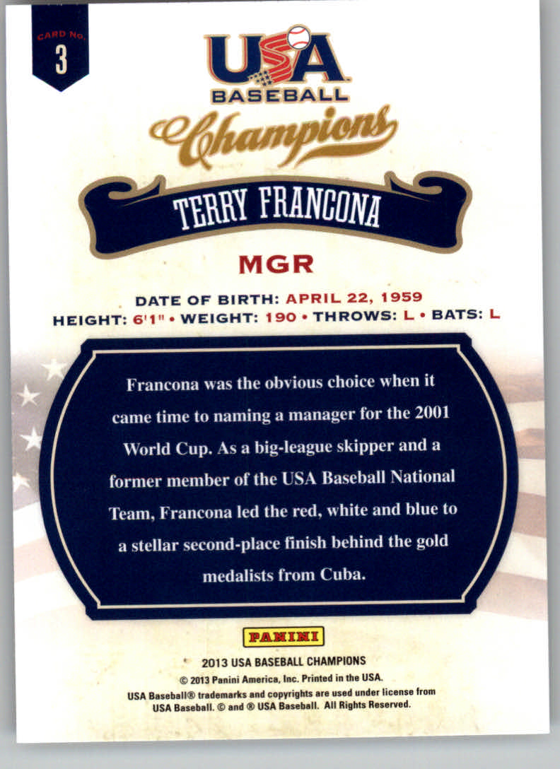 2013 USA Baseball Champions #3 Terry Francona back image