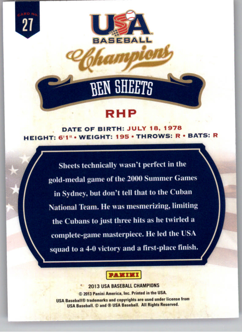 2013 USA Baseball Champions #27 Ben Sheets back image