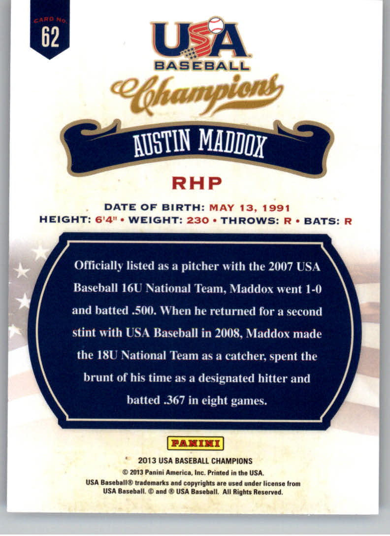 2013 USA Baseball Champions #62 Austin Maddox back image