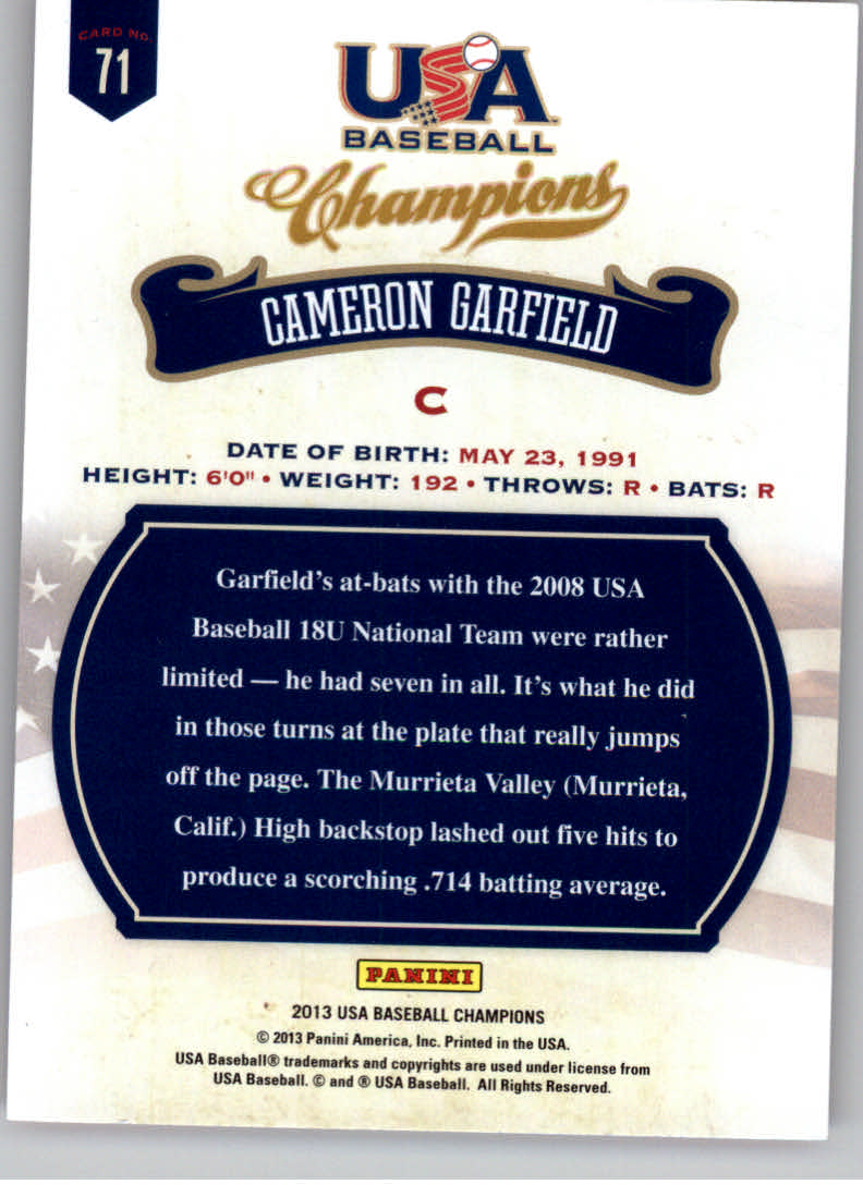 2013 USA Baseball Champions #71 Cameron Garfield back image