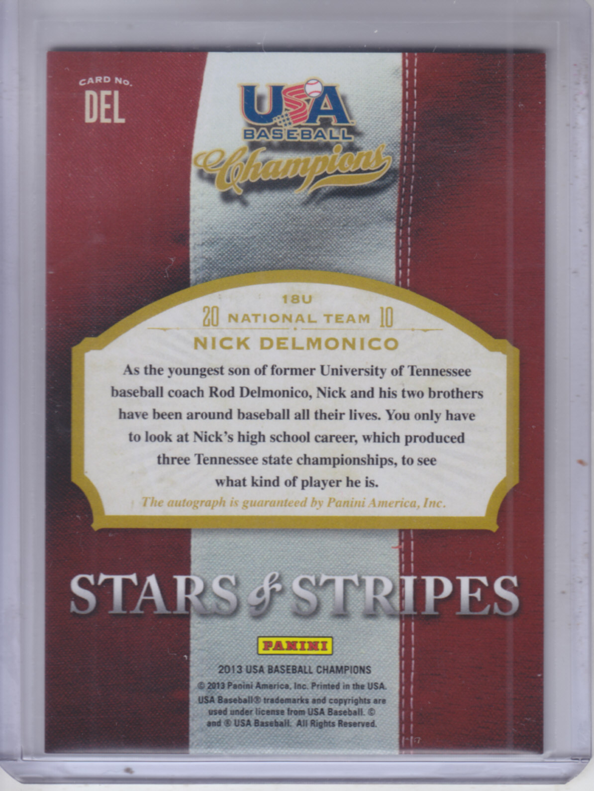 2013 USA Baseball Champions Stars and Stripes Signatures #34 Nick Delmonico/500 EXCH back image
