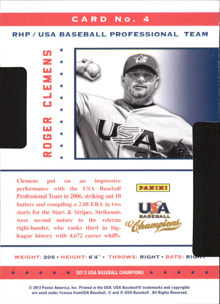 2013 USA Baseball Champions Legends Certified Die-Cuts #4 Roger Clemens back image