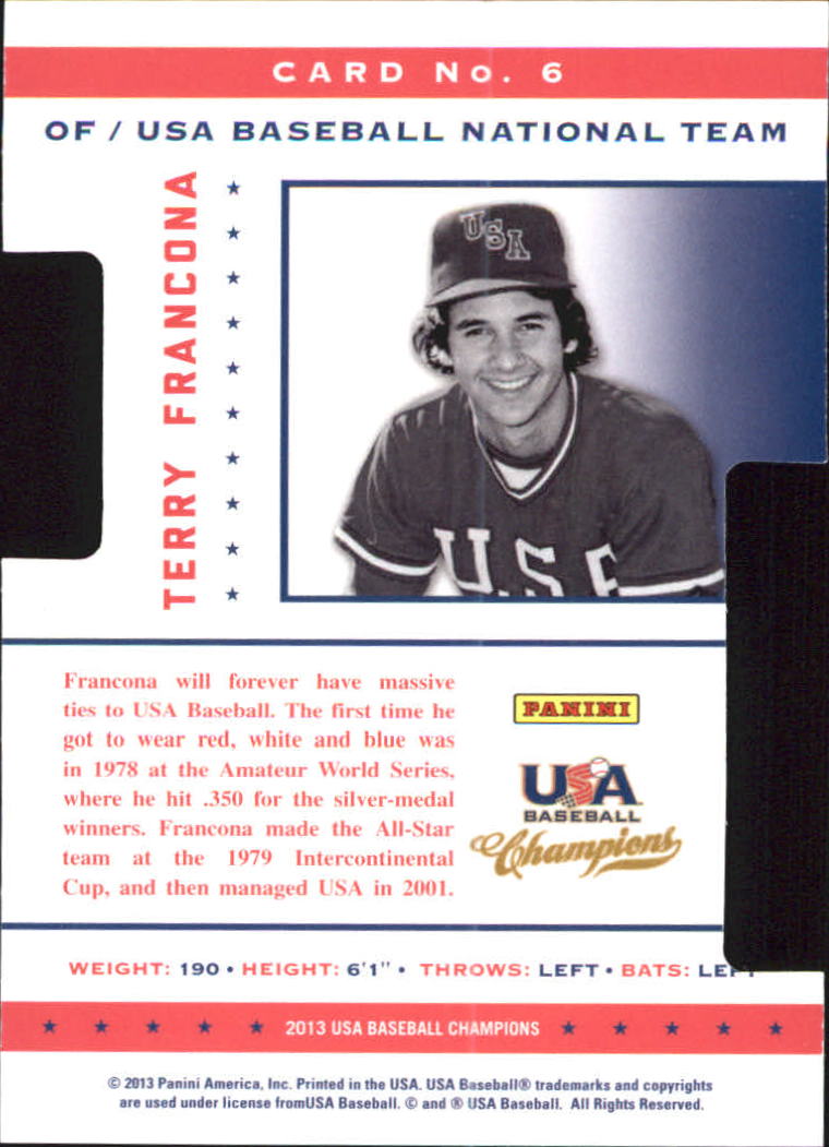 2013 USA Baseball Champions Legends Certified Die-Cuts #6 Terry Francona back image