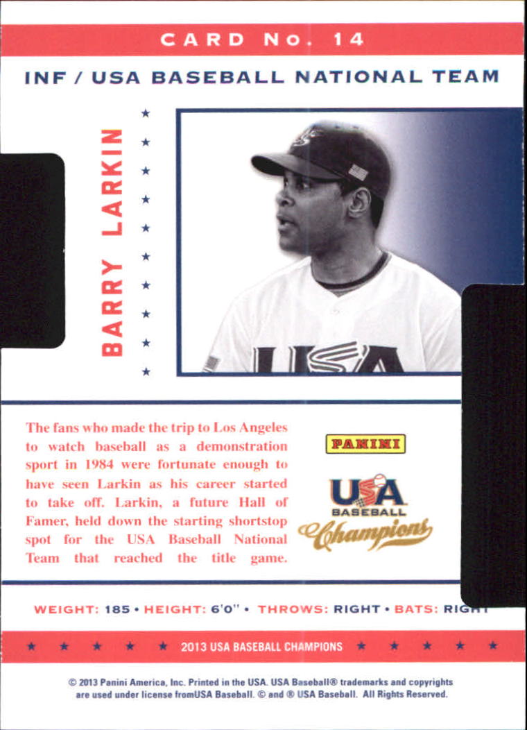 2013 USA Baseball Champions Legends Certified Die-Cuts #14 Barry Larkin back image
