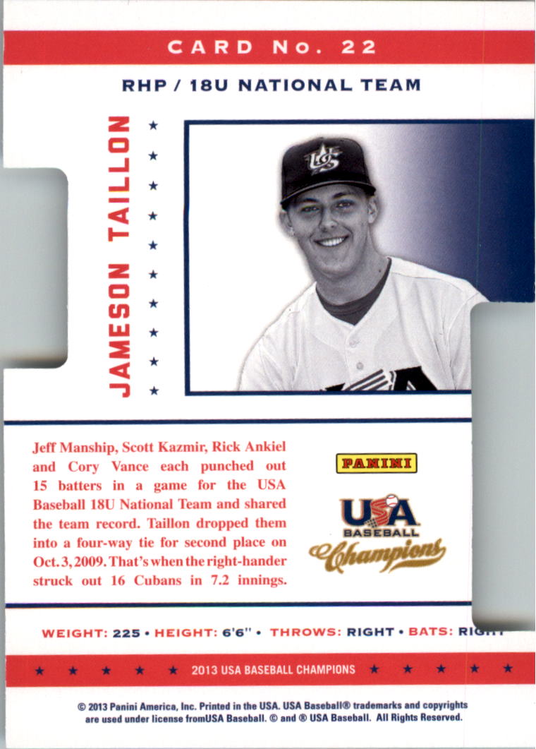 2013 USA Baseball Champions Legends Certified Die-Cuts #22 Jameson Taillon back image