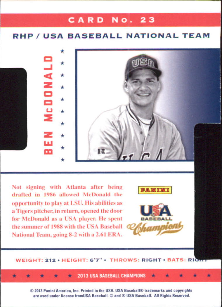 2013 USA Baseball Champions Legends Certified Die-Cuts #23 Ben McDonald back image