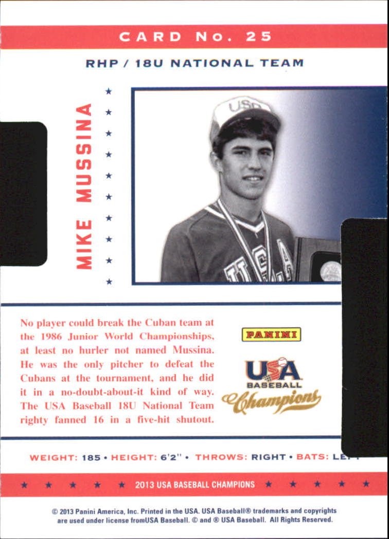 2013 USA Baseball Champions Legends Certified Die-Cuts #25 Mike Mussina back image