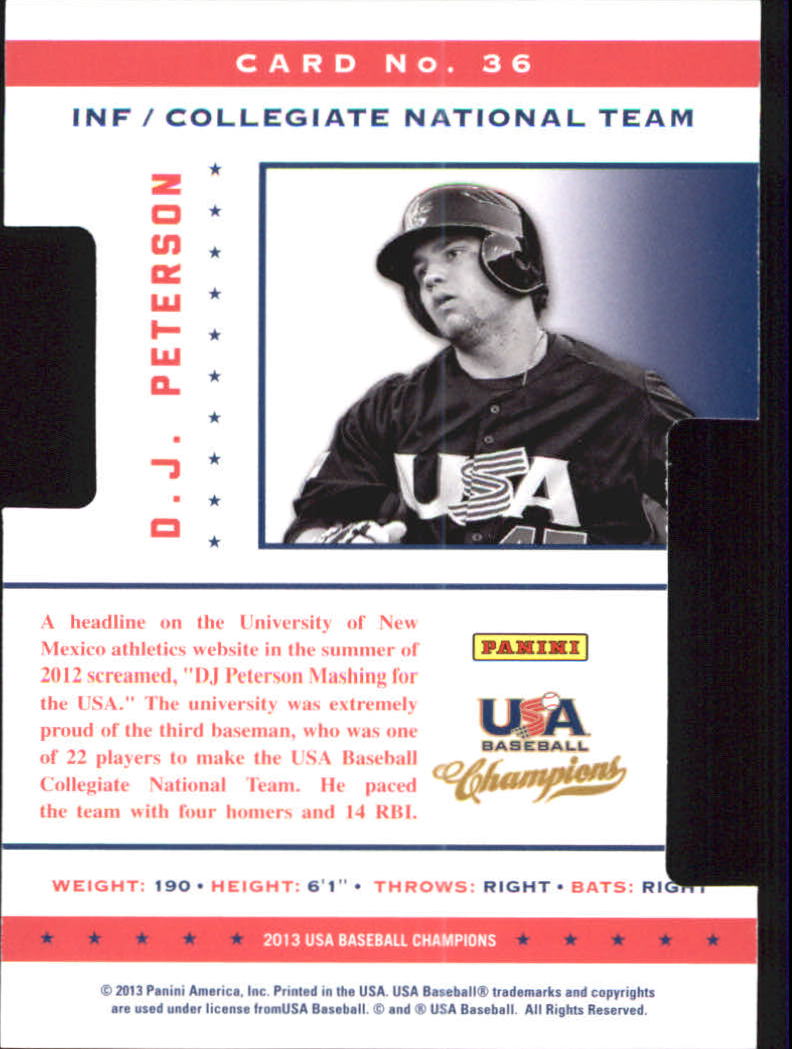 2013 USA Baseball Champions Legends Certified Die-Cuts #36 D.J. Peterson back image