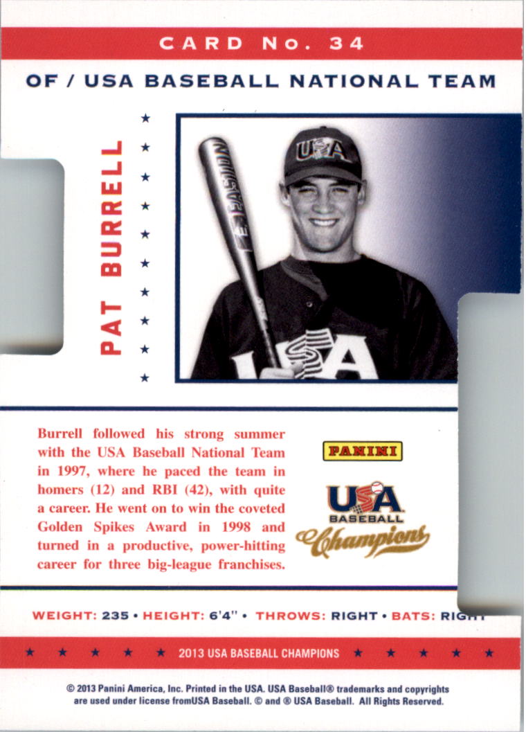 2013 USA Baseball Champions Legends Certified Die-Cuts Mirror Blue #34 Pat Burrell back image