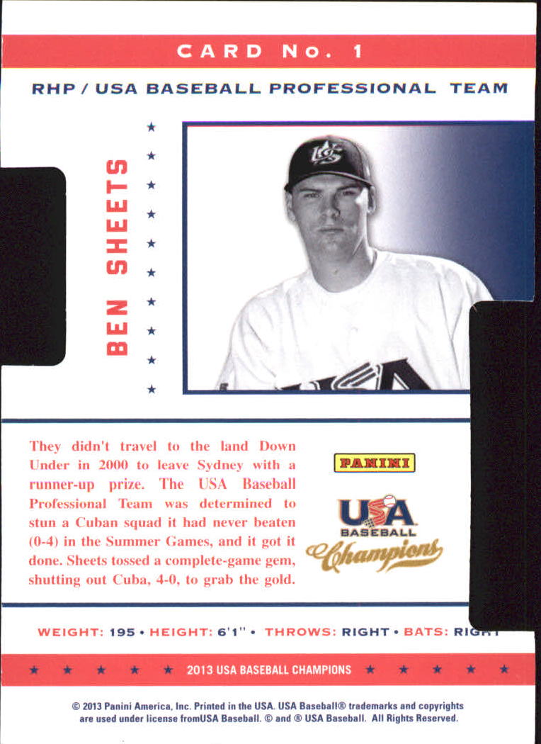 2013 USA Baseball Champions Legends Certified Die-Cuts Mirror Red #1 Ben Sheets back image