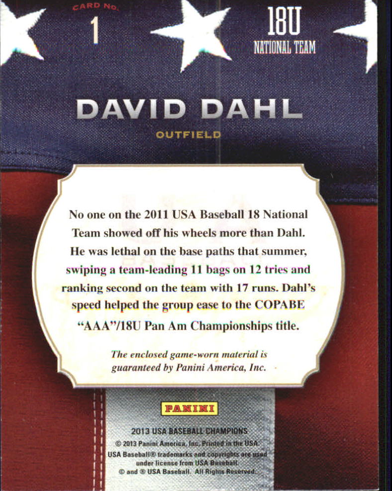 2013 USA Baseball Champions Game Gear Jerseys #1 David Dahl back image