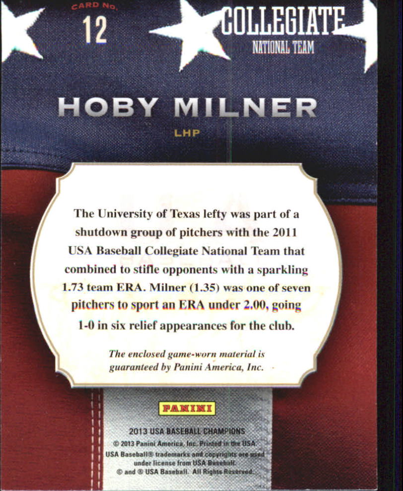 2013 USA Baseball Champions Game Gear Jerseys #12 Hoby Milner back image
