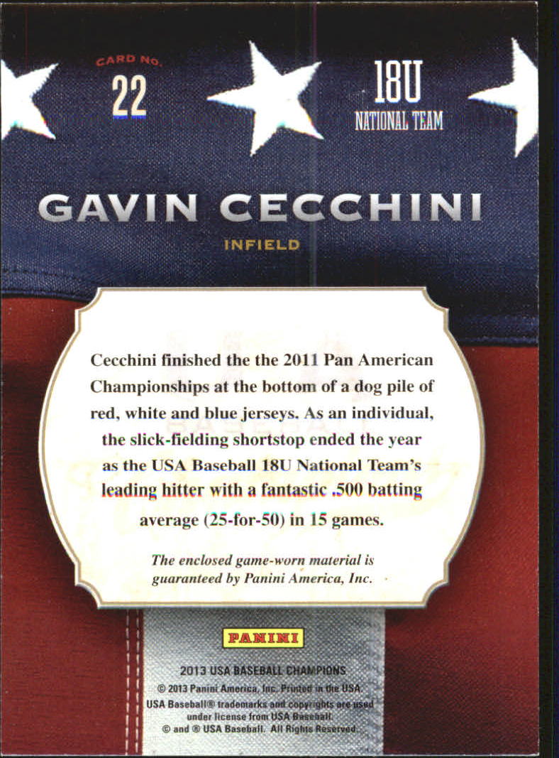 2013 USA Baseball Champions Game Gear Jerseys #22 Gavin Cecchini back image