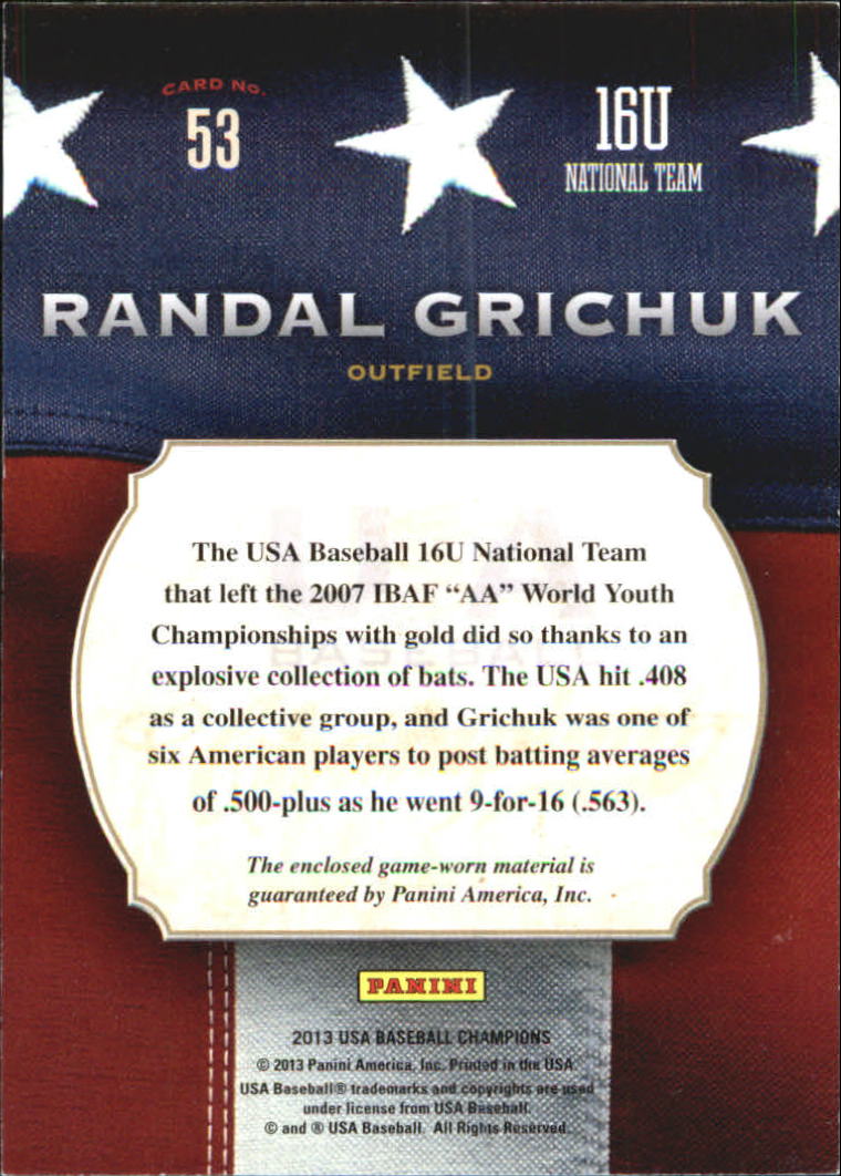 2013 USA Baseball Champions Game Gear Jerseys #53 Randal Grichuk back image