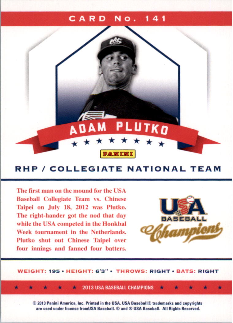 2013 USA Baseball Champions National Team Mirror Blue #141 Adam Plutko back image