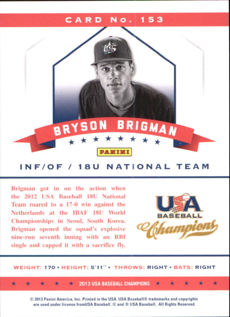 2013 USA Baseball Champions National Team Mirror Green #153 Bryson Brigman back image
