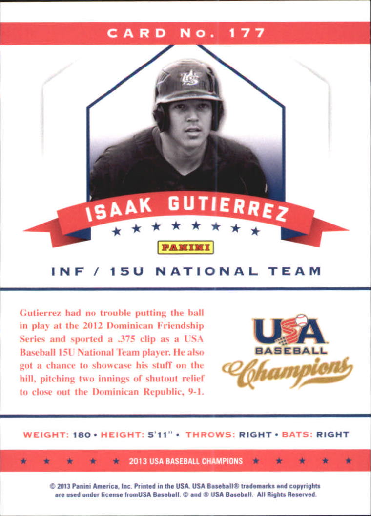 2013 USA Baseball Champions National Team Mirror Green #177 Isaak Gutierrez back image