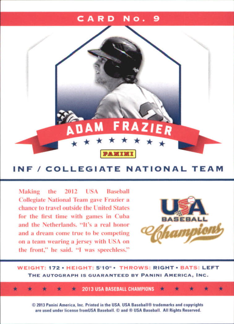 2013 USA Baseball Champions National Team Certified Signatures #9 Adam Frazier/299 back image