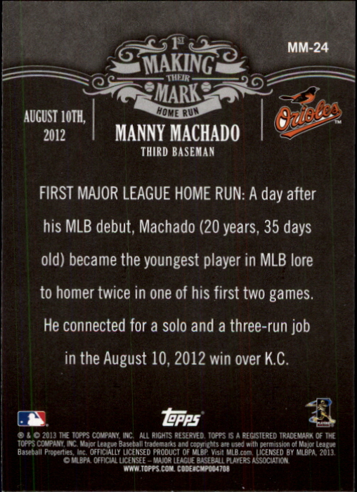 2013 Topps Making Their Mark #MM24 Manny Machado back image
