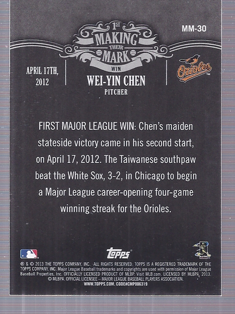 2013 Topps Making Their Mark #MM30 Wei-Yin Chen back image
