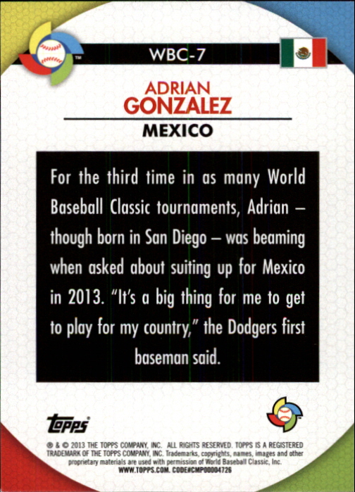 2013 Topps WBC Stars #WBC7 Adrian Gonzalez back image