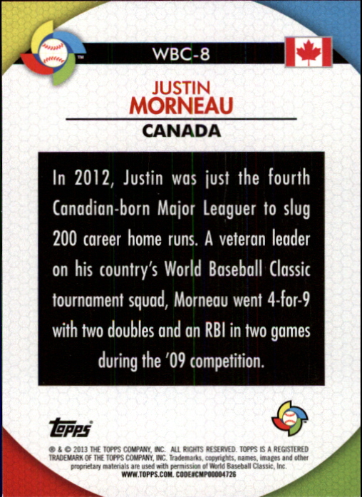 2013 Topps WBC Stars #WBC8 Justin Morneau back image