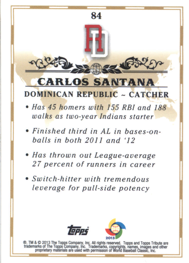 2013 Topps Tribute WBC #84 Carlos Santana back image