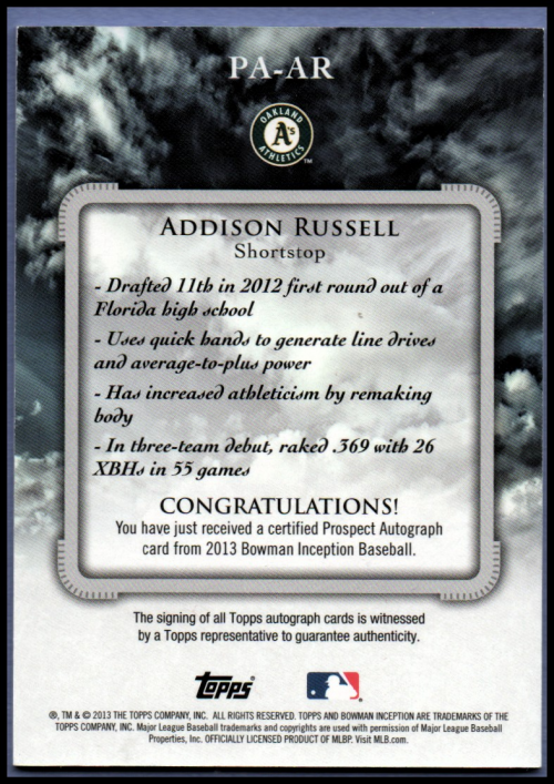 2013 Bowman Inception Prospect Autographs #AR Addison Russell back image