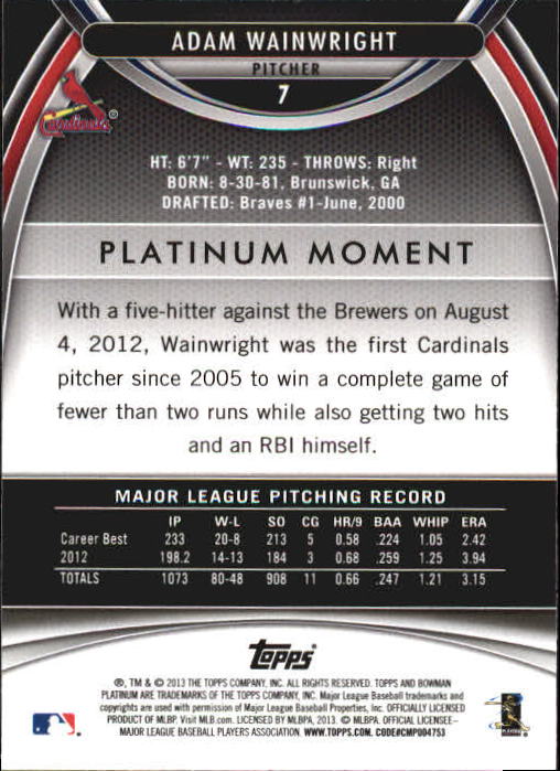 2013 Bowman Platinum #7 Adam Wainwright back image