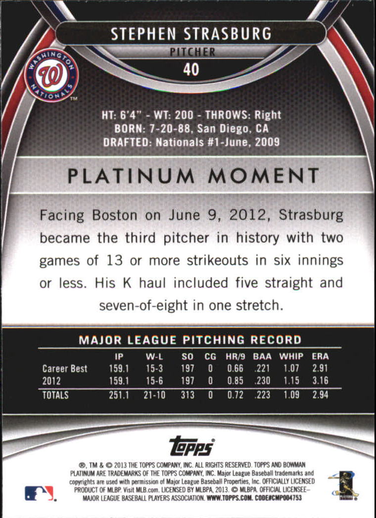 2013 Bowman Platinum #40 Stephen Strasburg back image