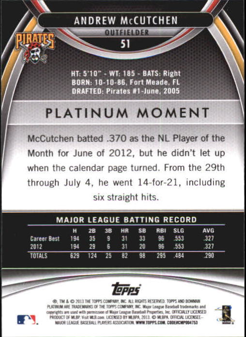 2013 Bowman Platinum Sapphire #51 Andrew McCutchen back image
