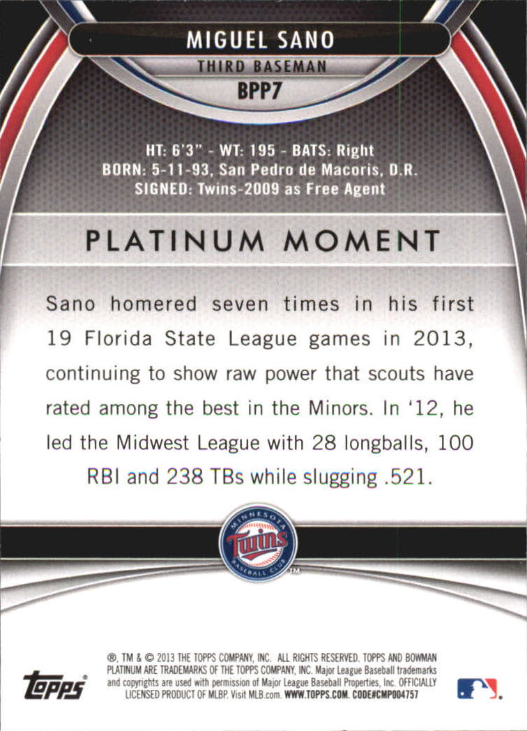 2013 Bowman Platinum Prospects #BPP7 Miguel Sano back image