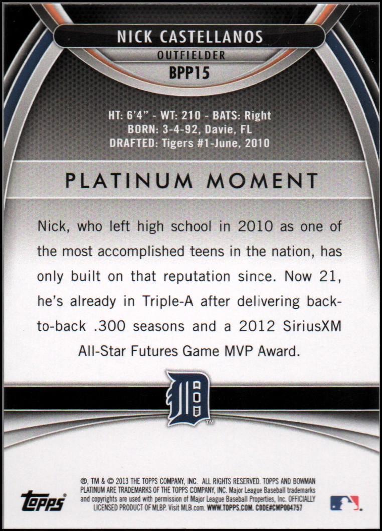 2013 Bowman Platinum Prospects #BPP15 Nick Castellanos back image
