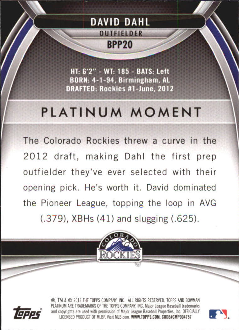 2013 Bowman Platinum Prospects #BPP20 David Dahl back image