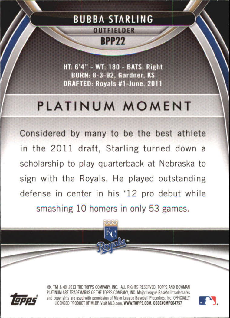 2013 Bowman Platinum Prospects #BPP22 Bubba Starling back image