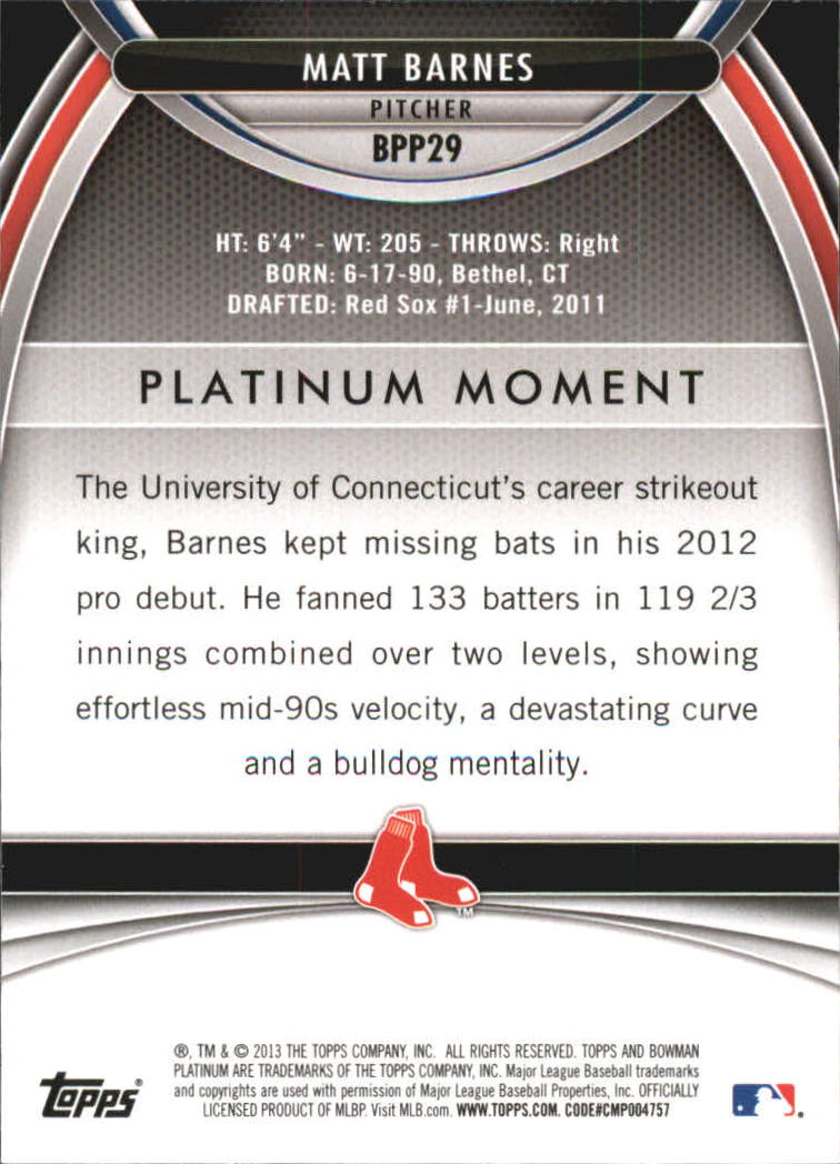 2013 Bowman Platinum Prospects #BPP29 Matt Barnes back image
