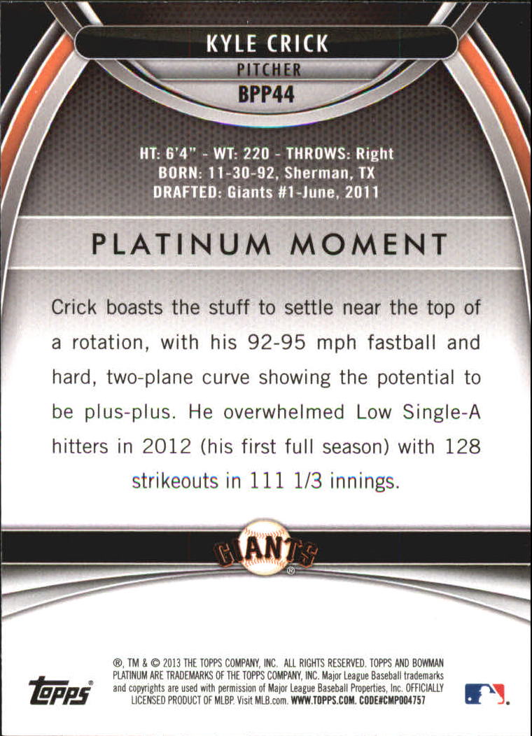2013 Bowman Platinum Prospects #BPP44 Kyle Crick back image