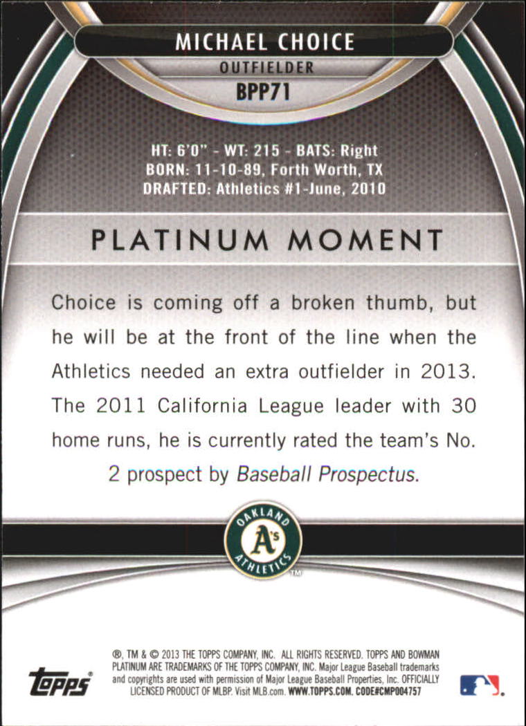2013 Bowman Platinum Prospects #BPP71 Michael Choice back image