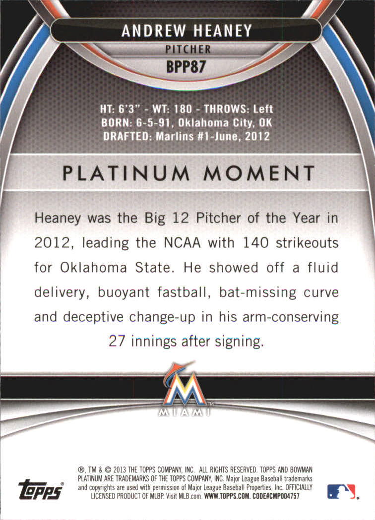 2013 Bowman Platinum Prospects #BPP87 Andrew Heaney back image