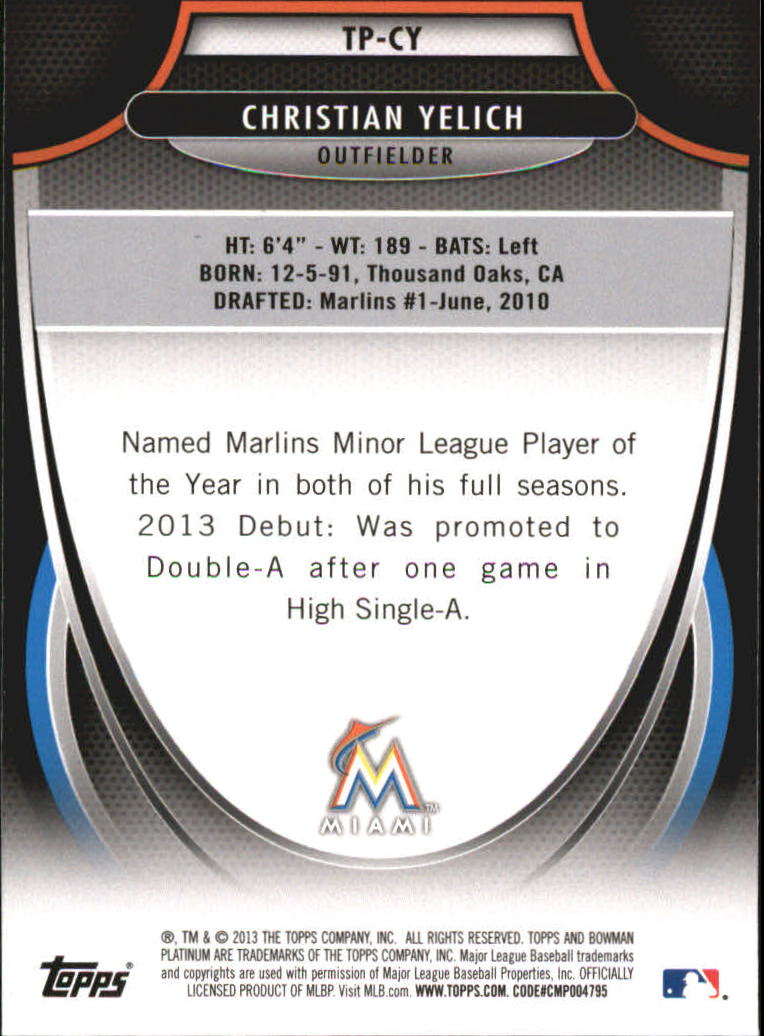 2013 Bowman Platinum Top Prospects #CY Christian Yelich back image