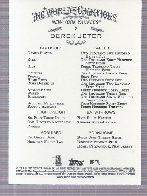 2013 Topps Allen and Ginter #2 Derek Jeter back image