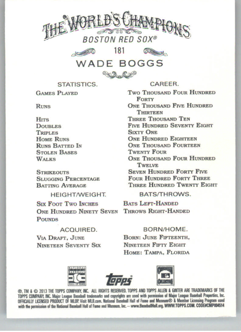 Wade Boggs cards (1989-2024) Red Sox Yankees Rays - You Choose