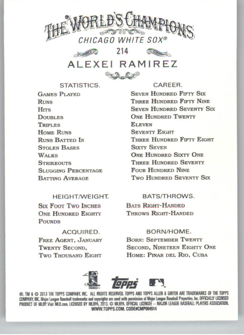 2013 Topps Allen and Ginter #214 Alexei Ramirez back image