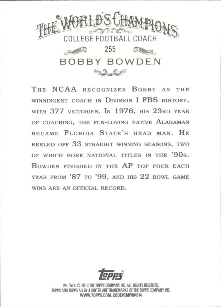 2013 Topps Allen and Ginter #255 Bobby Bowden back image